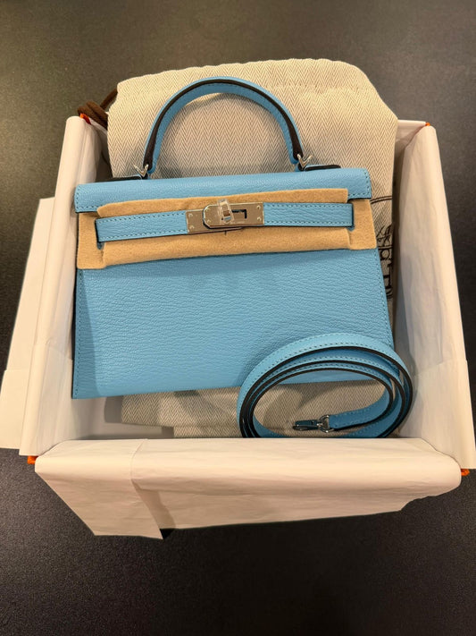 Hermes Mini Kelly 20 Celeste Chevre leather Palladium hardware