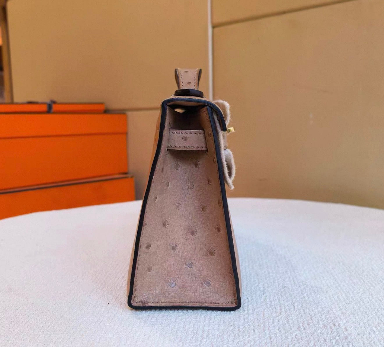 HERMÈS Kelly Pochette Chai Matte Ostrich Leather Gold Hardware