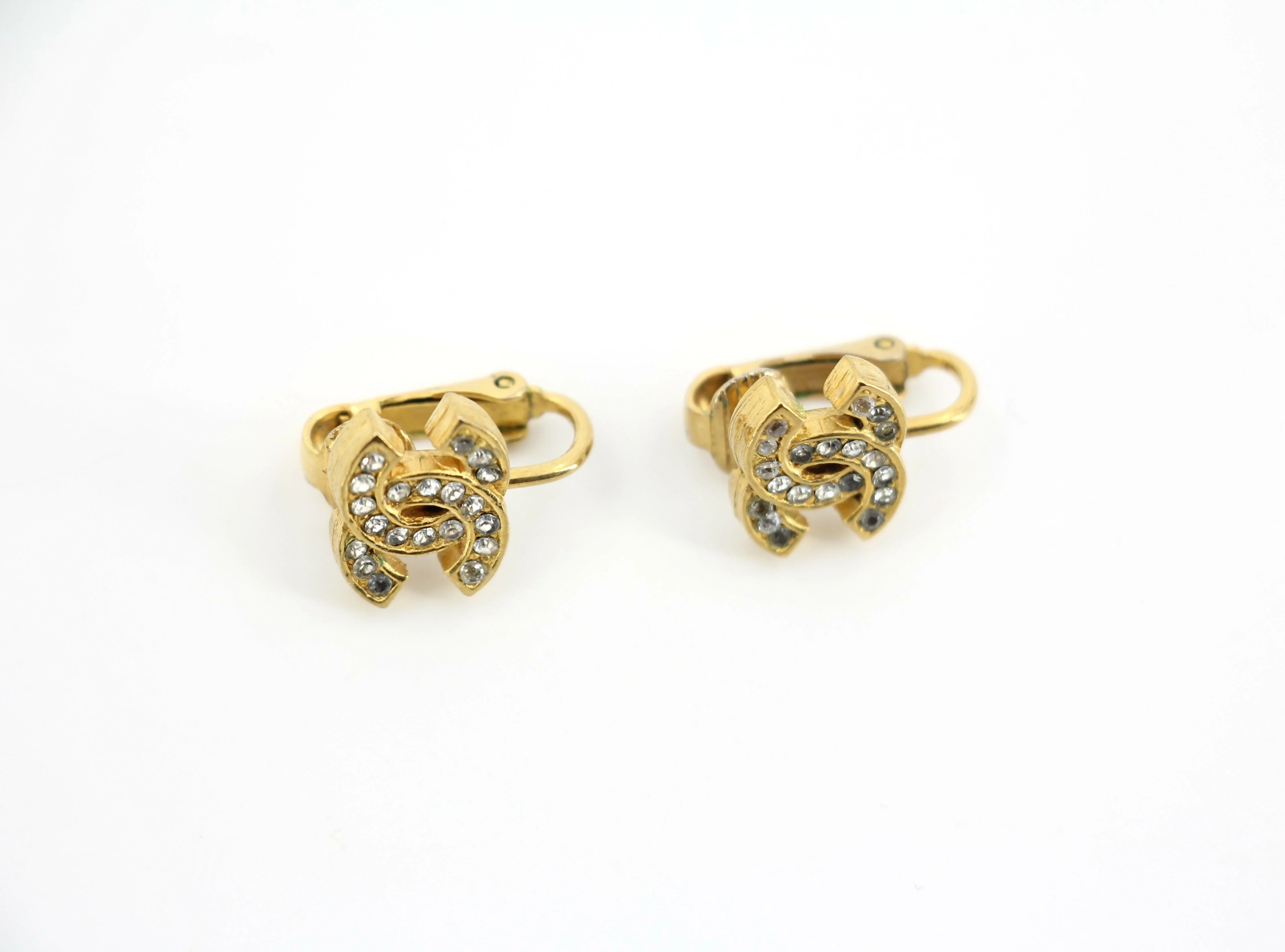 Chanel Vintage 71-80 Rhinestone & Gold-Plated Large CC Clip-on Earrings