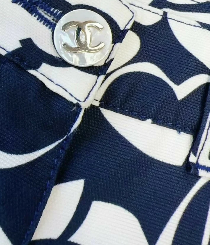 Chanel 2021 Coco Beach Dark Navy Blue White Mini Cotton Shorts FR 38