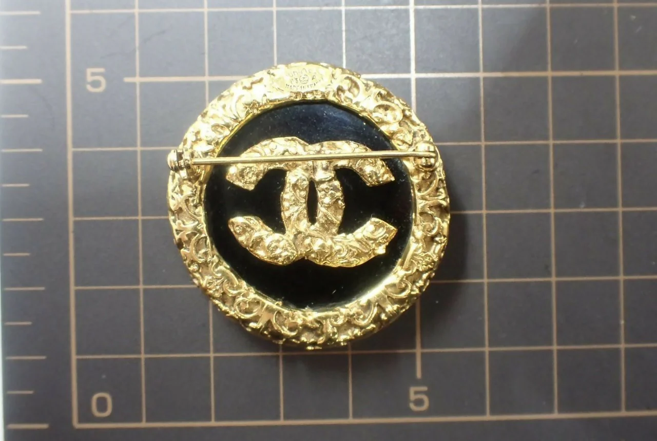Chanel Vintage 93A Lava Gold Black Coco Mark Round Brooch