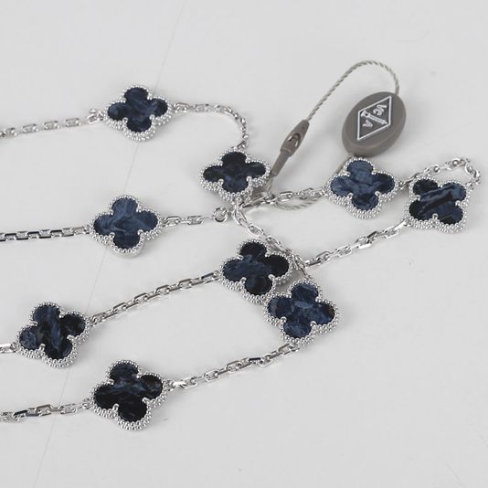 Van Cleef  Arpels 18K White Gold Pietersite Vintage Alhambra 20 Motifs Necklace