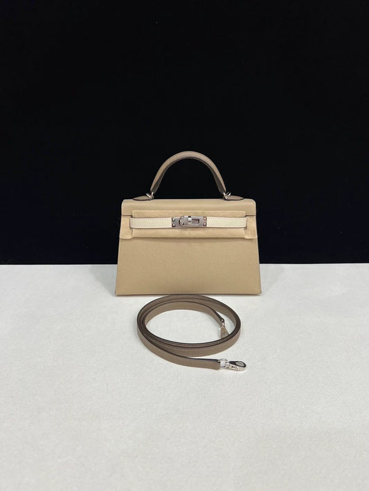 Hermes Mini Kelly 20 Trench Coat/Etoupe/Craie Epsom leather palladium hardware