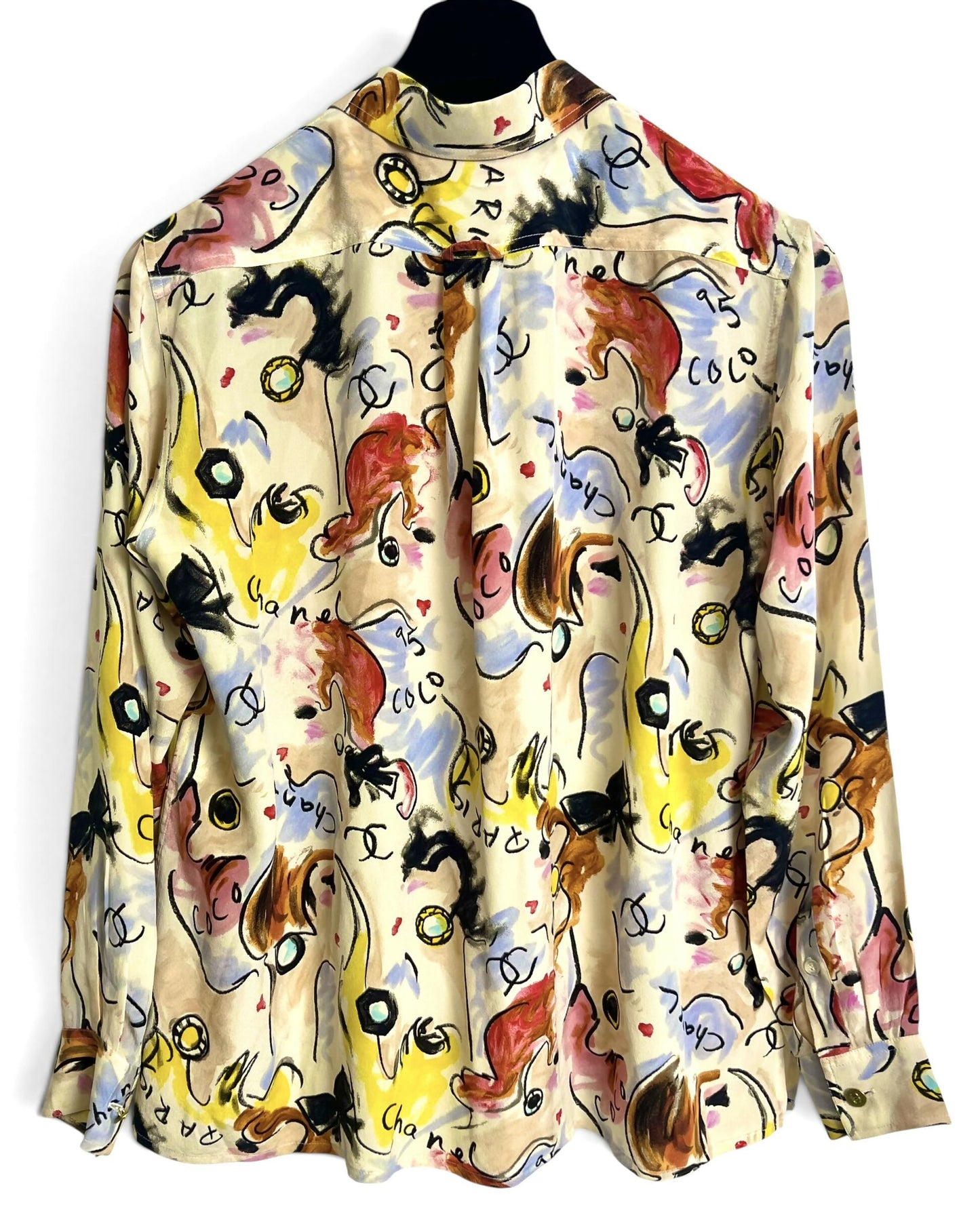 Iconic Chanel 95P Barbie Collection CC Multicolor 100% Silk Logo Blouse FR 42/44
