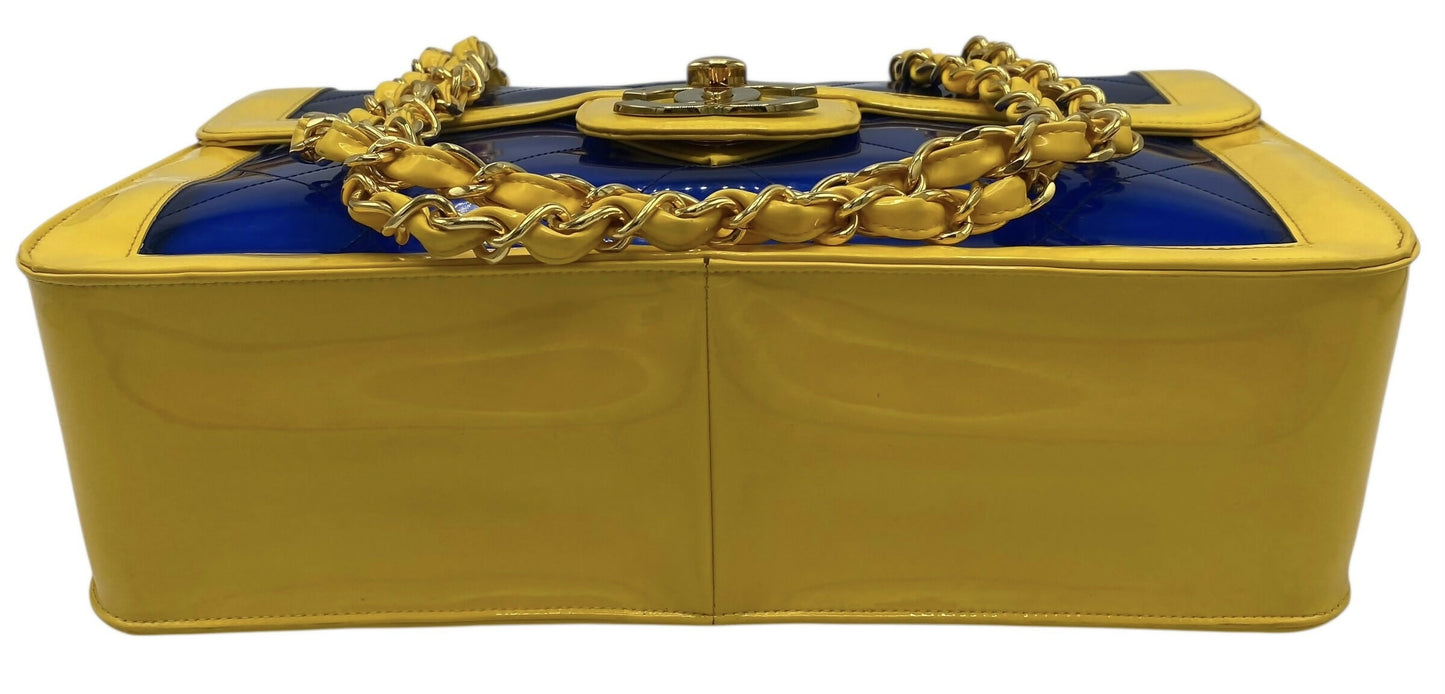 Chanel Ultra Rare 1995 Barbie Collection Yellow Blue Maxi PVC Vinyl Patent Flap Bag