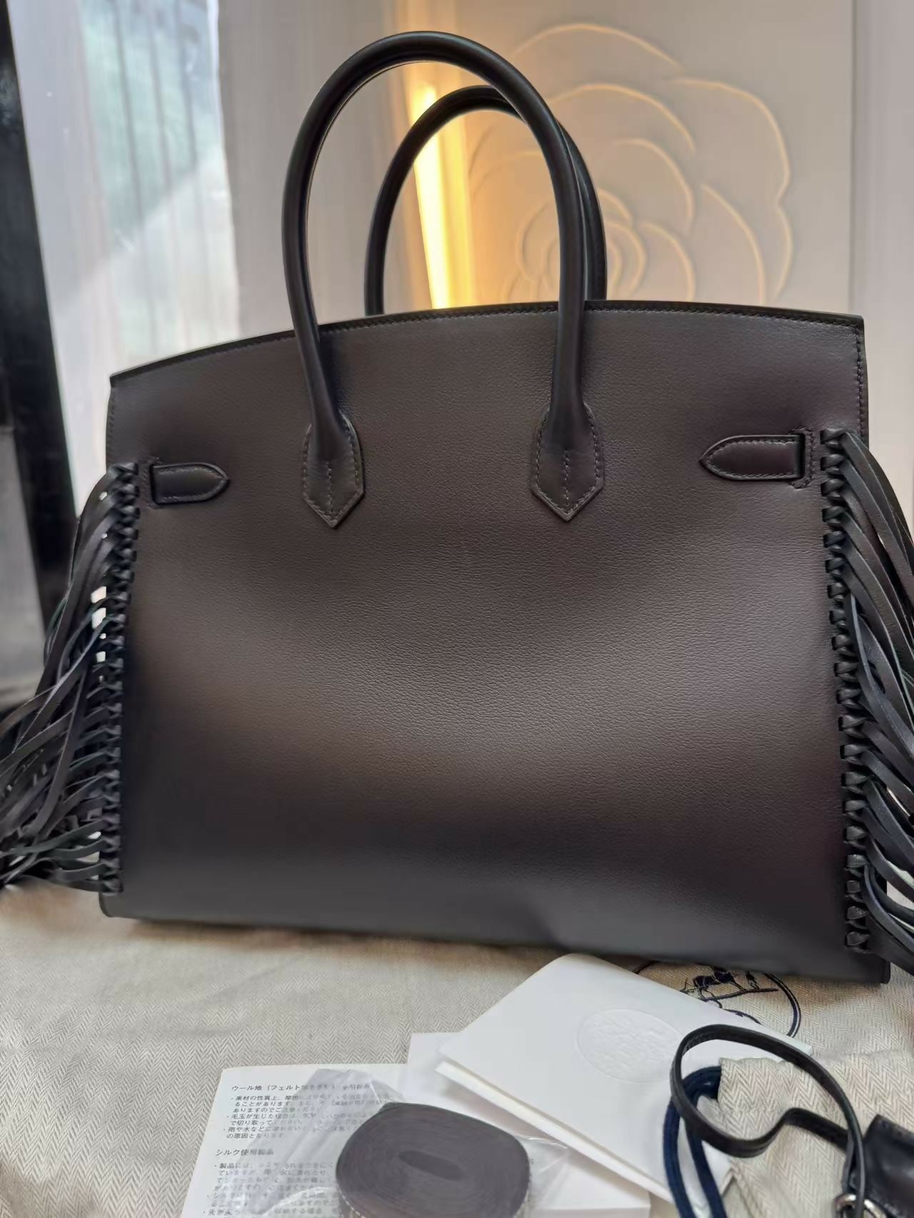 Hermès Birkin 35 Black Evergrain Leather Handbag with Silver Hardware and Fringe