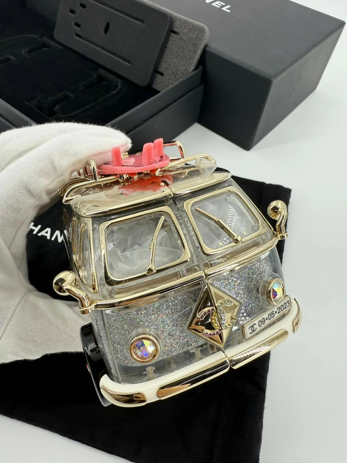Chanel Cruise 24C Silver Glitter Lucite, Multicolor Rhinestone & Enamel Hollywood Mini Van Minaudière with Light Gold Hardware