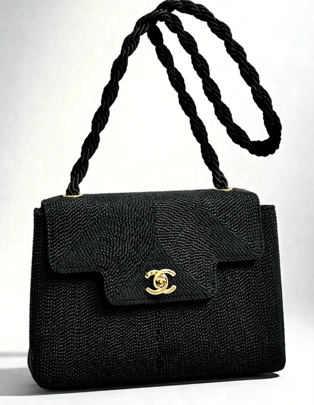 Rare Chanel 1997 Vintage Kelly Black Silk Rope Braided Flap Bag 24K Gold Hardware