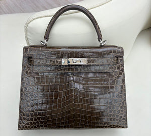 Hermes Kelly 28 Gris Elephant shiny nilo palladium hardware