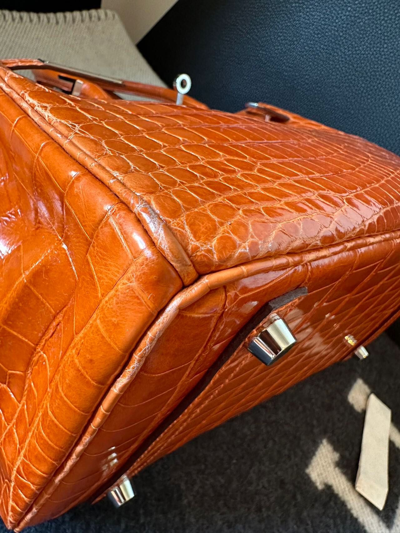 Hermes Birkin 35 Orange Shiny Crocodile Leather Palladium Hardware