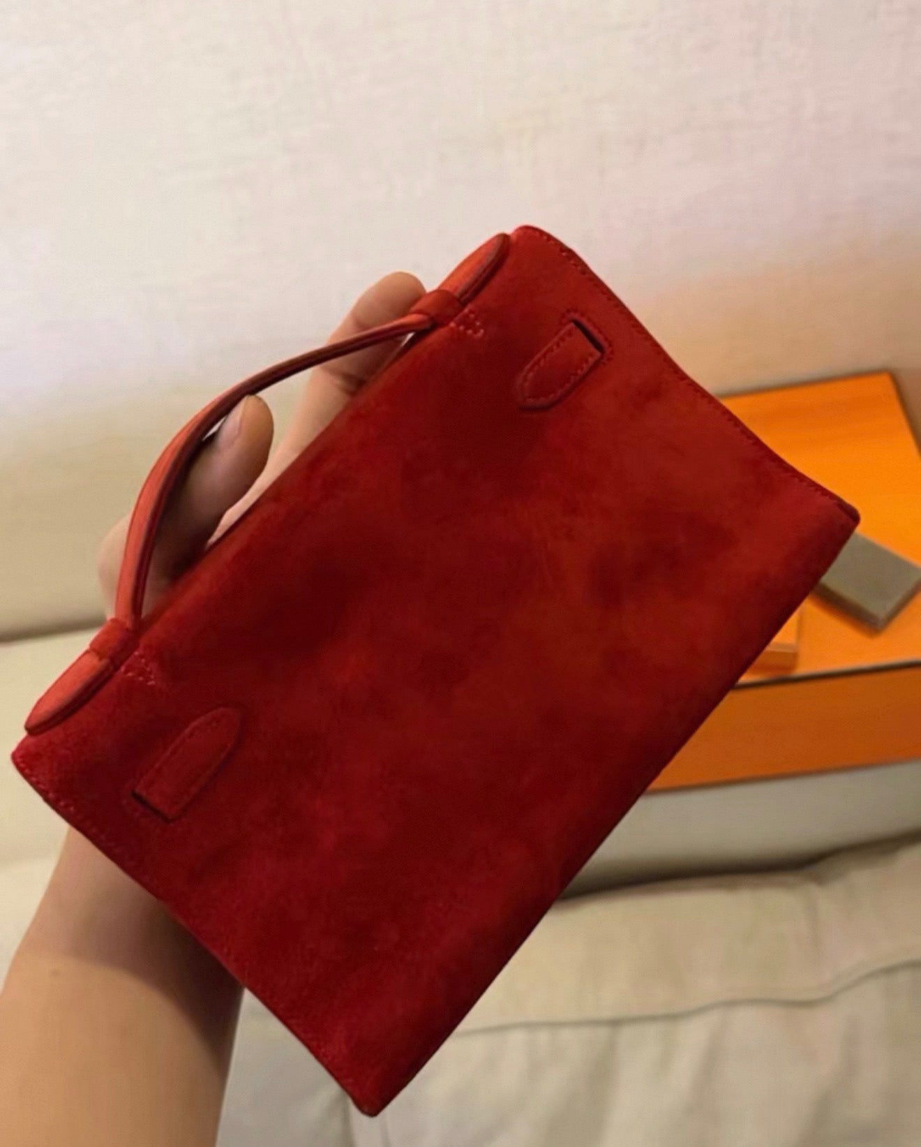 Hermes Kelly pochette red Doblis suede leather palladium hardware