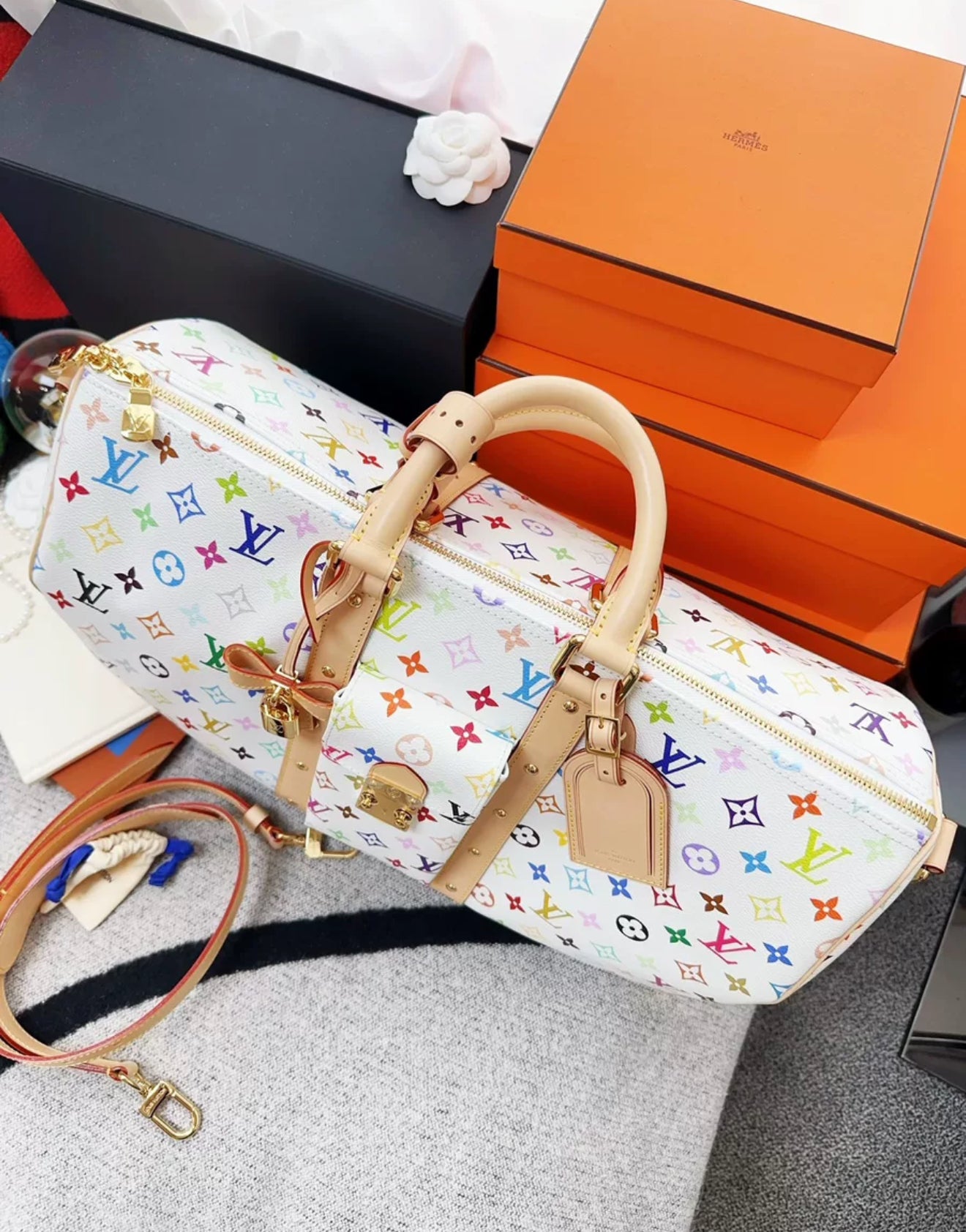 Louis Vuitton LV x Takashi Murakami Keepall 45 travel bag, white tri-color print