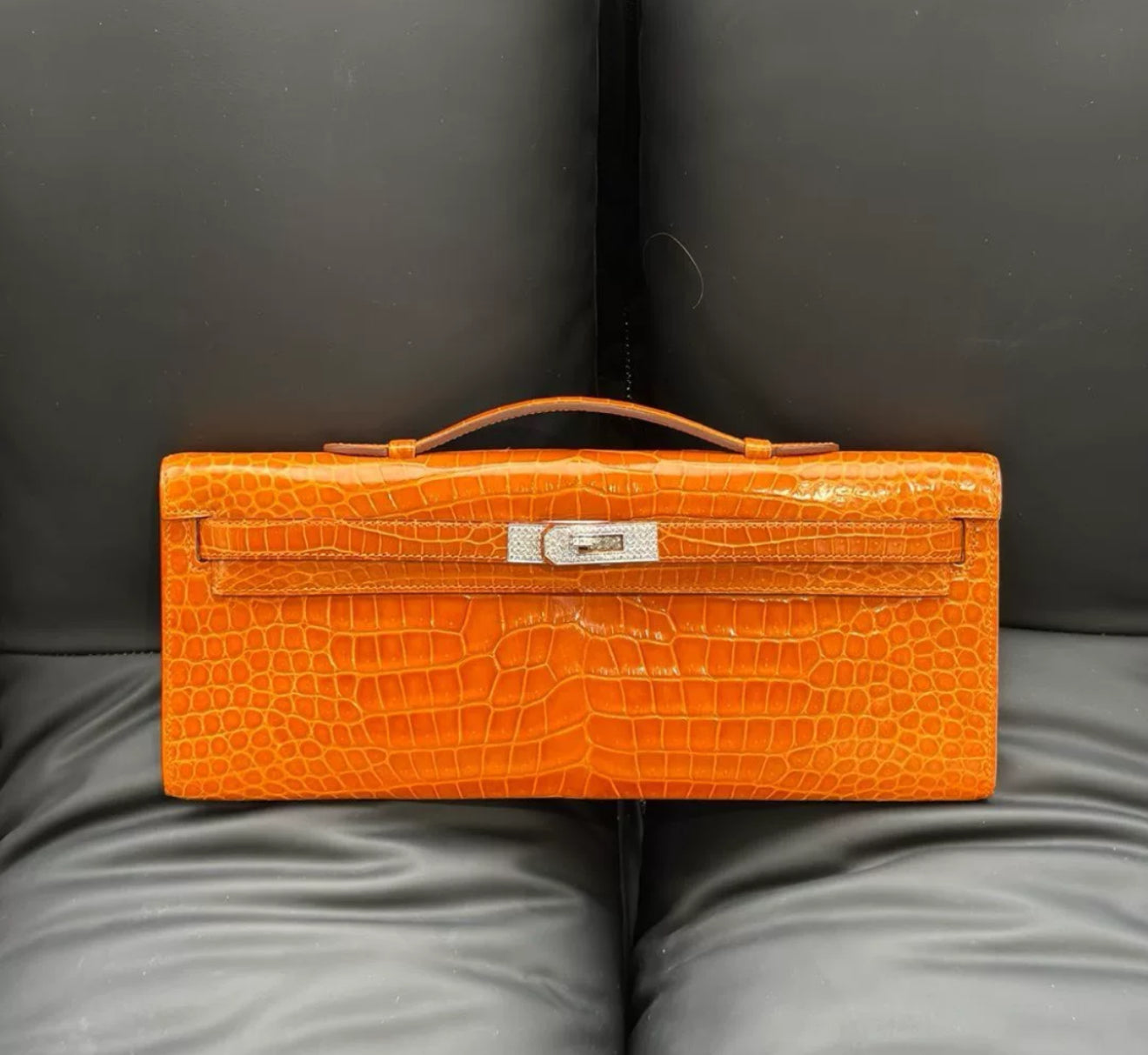 Hermes Kelly Cut Orange Crocodile Leather White Gold Diamond Hardware
