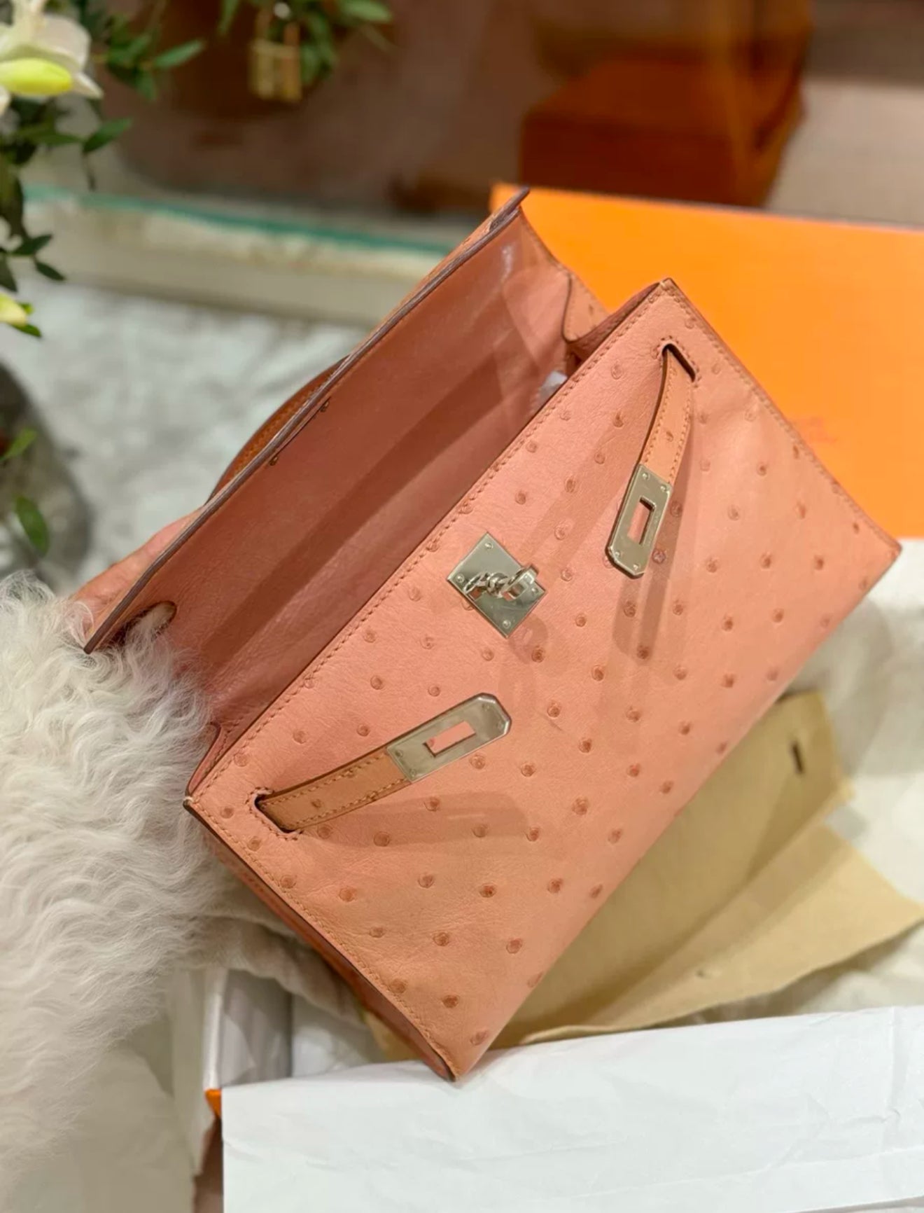 Hermes Kelly Pochette Pink Terre Cuite Ostrich Leather Palladium Hardware
