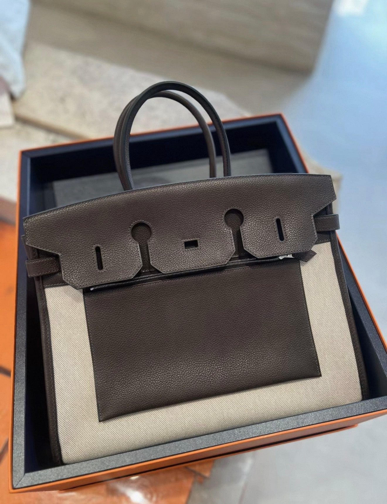 Hermès Birkin 35 À LEnvers Ebony/Ecru Toile H Barenia Faubourg Palladium Hardware