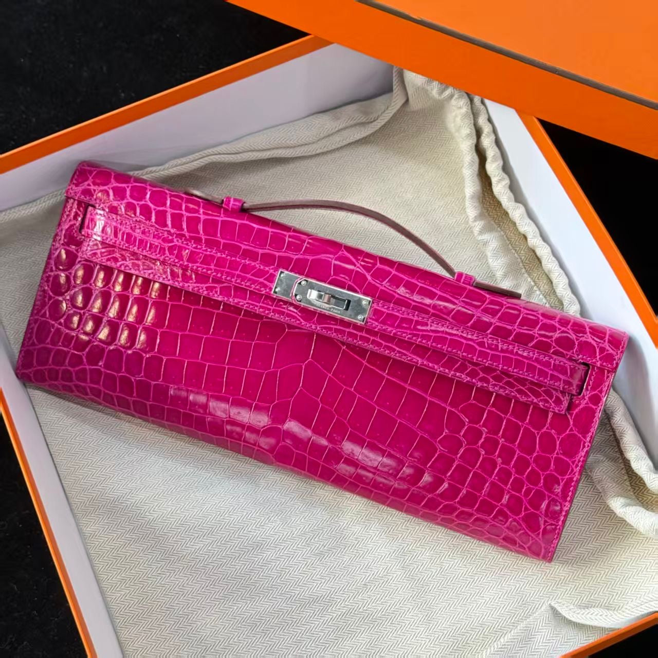 Hermès Kelly Cut Rose Scheherazade crocodile leather palladium hardware