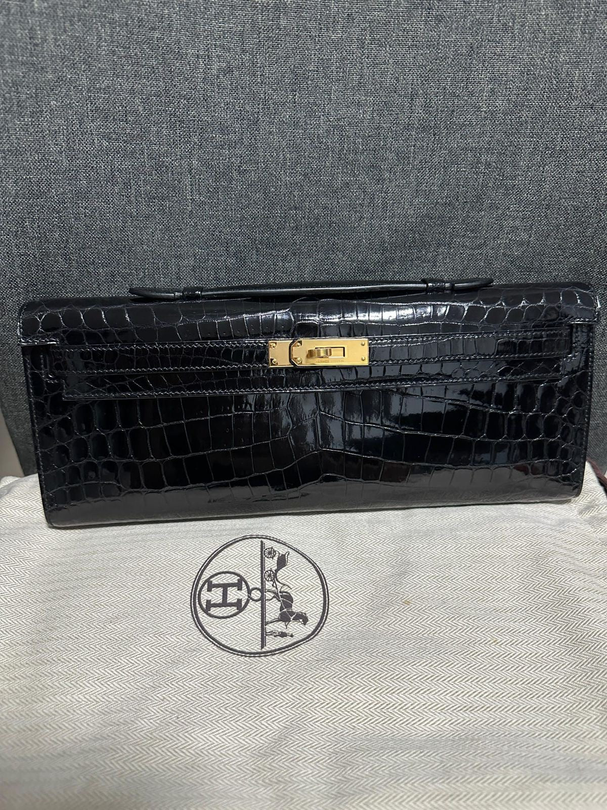 Hermes Kelly cut Black Shiny Porosus Gold hardware