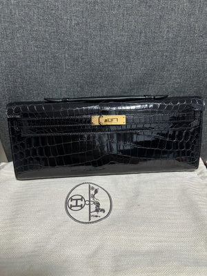 Hermes Kelly cut Black Shiny Porosus Gold hardware