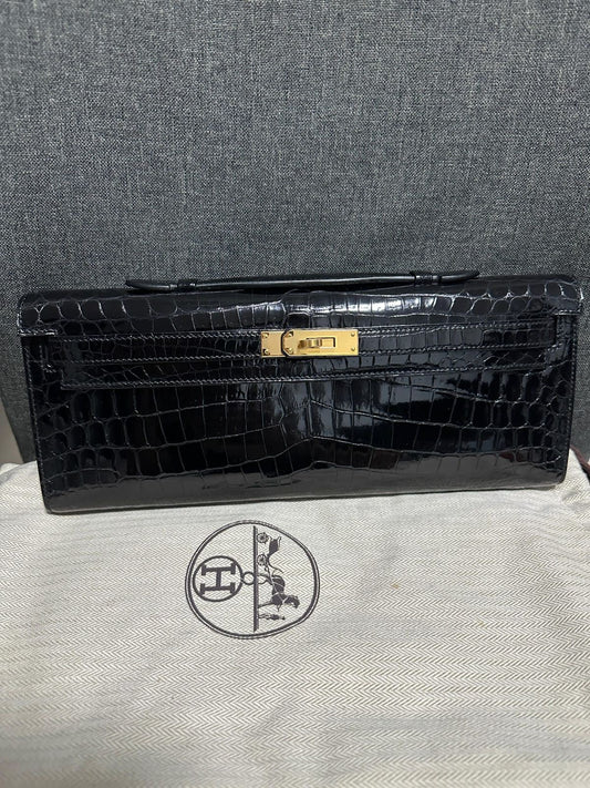 Hermes Kelly cut Black Shiny Porosus Gold hardware