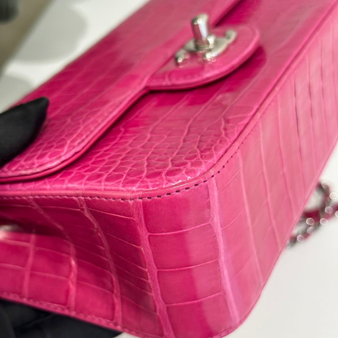 Chanel pink Alligator leather mini flap silver hardware
