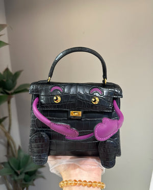 Hermes Kelly Doll Black  Anemone Purple Alligator Crocodile Gold Hardware