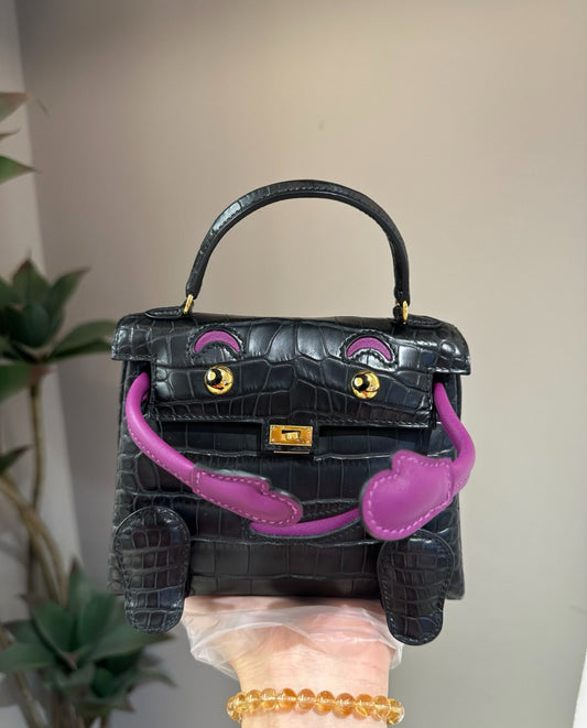 Hermes Kelly Doll Black  Anemone Purple Alligator Crocodile Gold Hardware