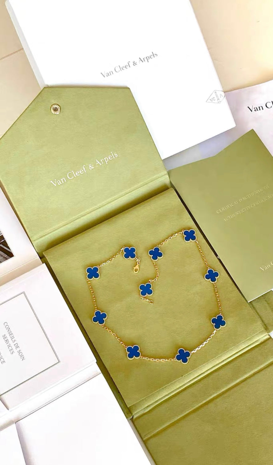 Van Cleef  Arpels Vintage Alhambra Blue Agate 10 Motif Necklace