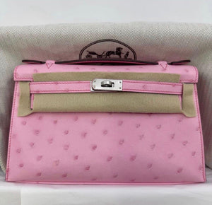 Hermes Kelly Pochette Bubblegum Ostrich Palladium hardware