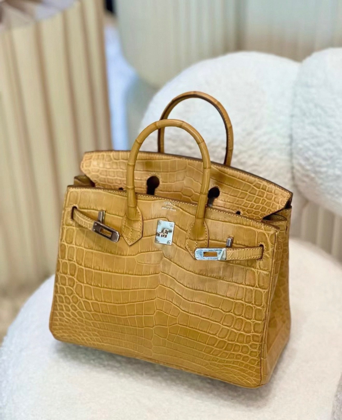 Hermes Birkin 25 Marigold yellow matte crocodile leather palladium hardware
