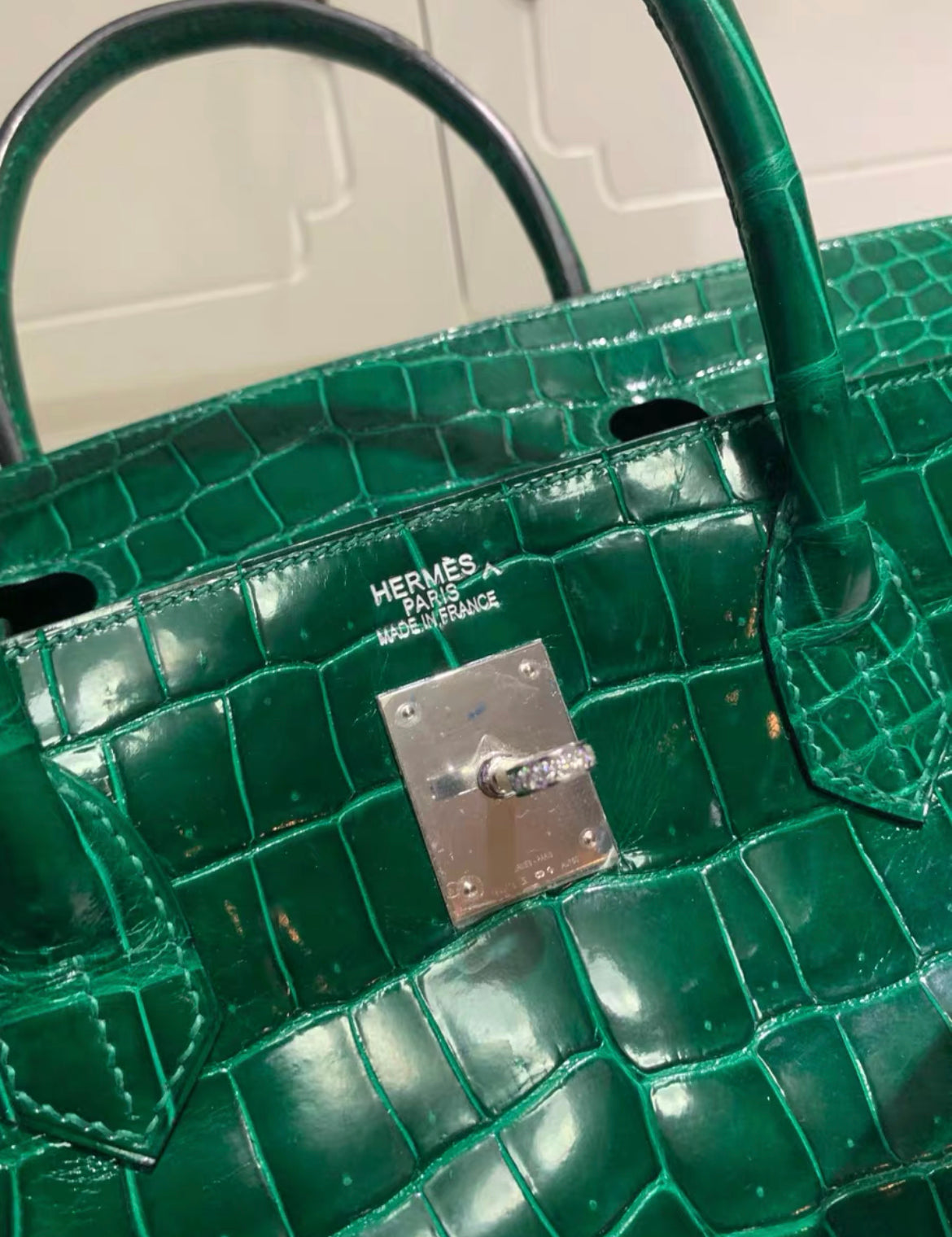Hermes Birkin 40 Emerald Shiny Porosus Crocodile Diamond Hardware