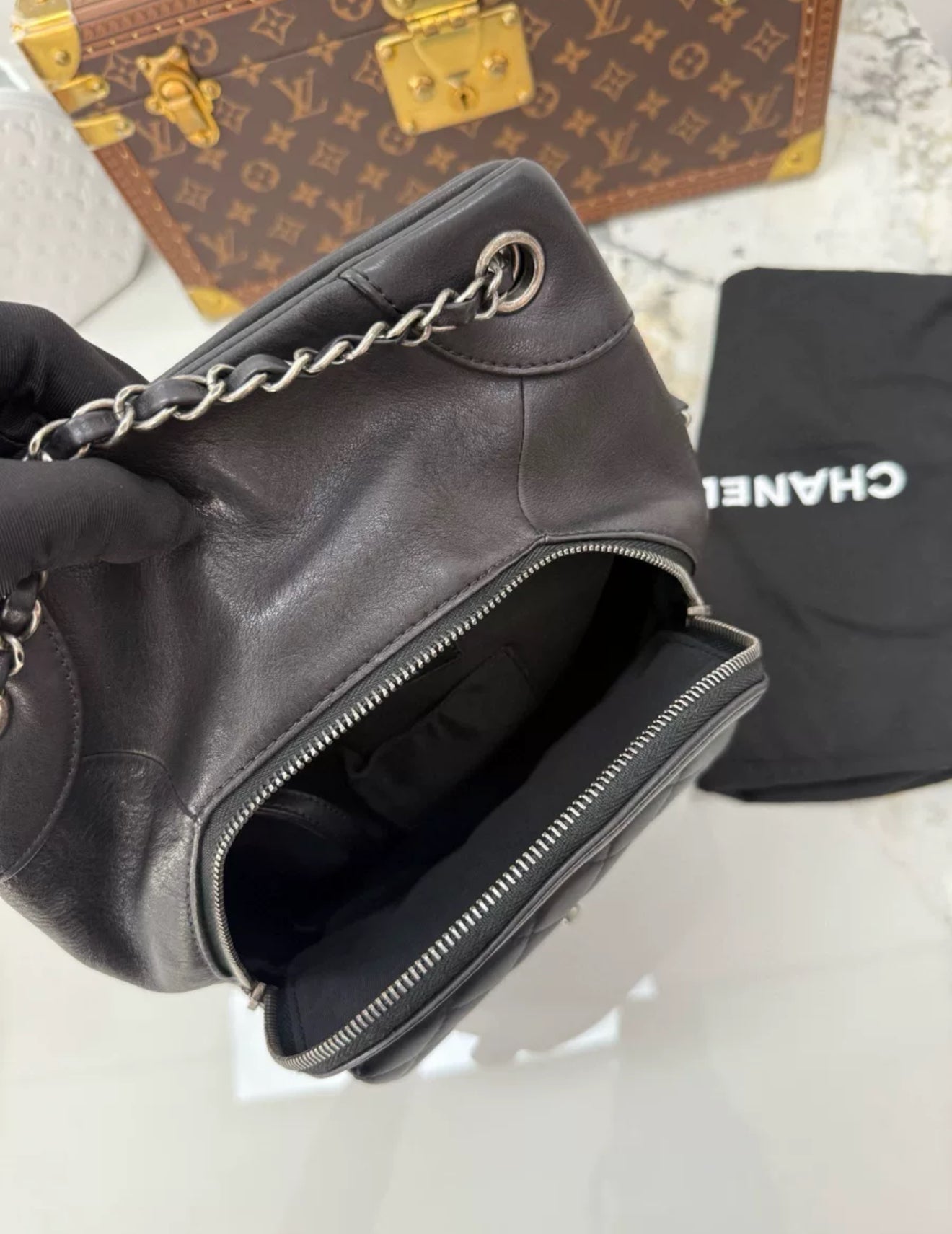 Chanel Vintage black leather Silver hardware backpack
