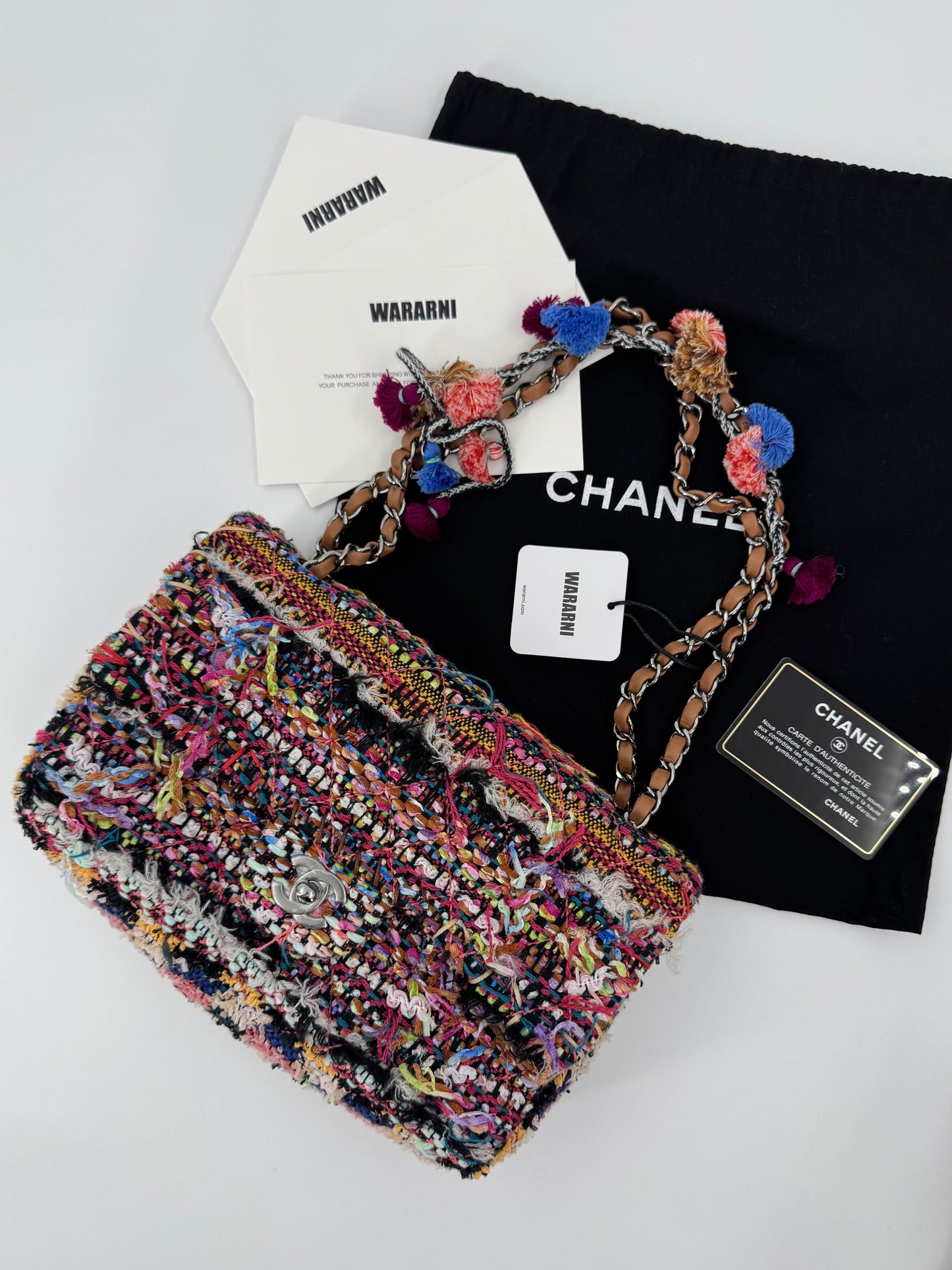 Chanel Pom Pom CC Quilted Tweed Medium Flap Bag with Ruthenium Hardware
