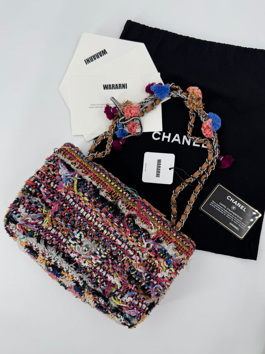 Chanel Pom Pom CC Quilted Tweed Medium Flap Bag with Ruthenium Hardware
