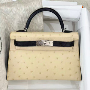 Hermès Mini Kelly 20 HSS Parchemin x black ostrich palladium hardware