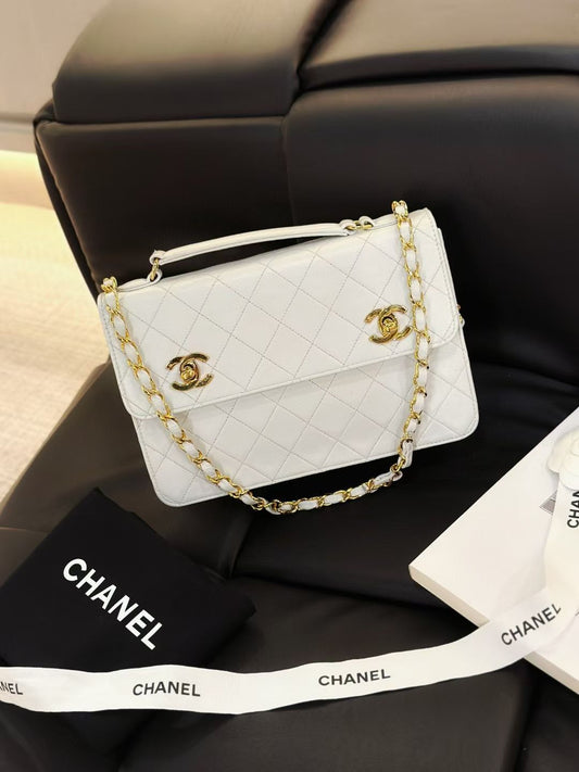 Chanel Vintage Timeless Classic CC Double Turn Lock Bag White