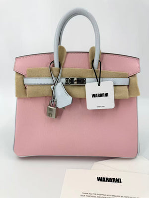 Hermès Birkin 25 3Q rose sakura pink  T0 Blue Brume Goatskin leather Brushed Palladium Hardware