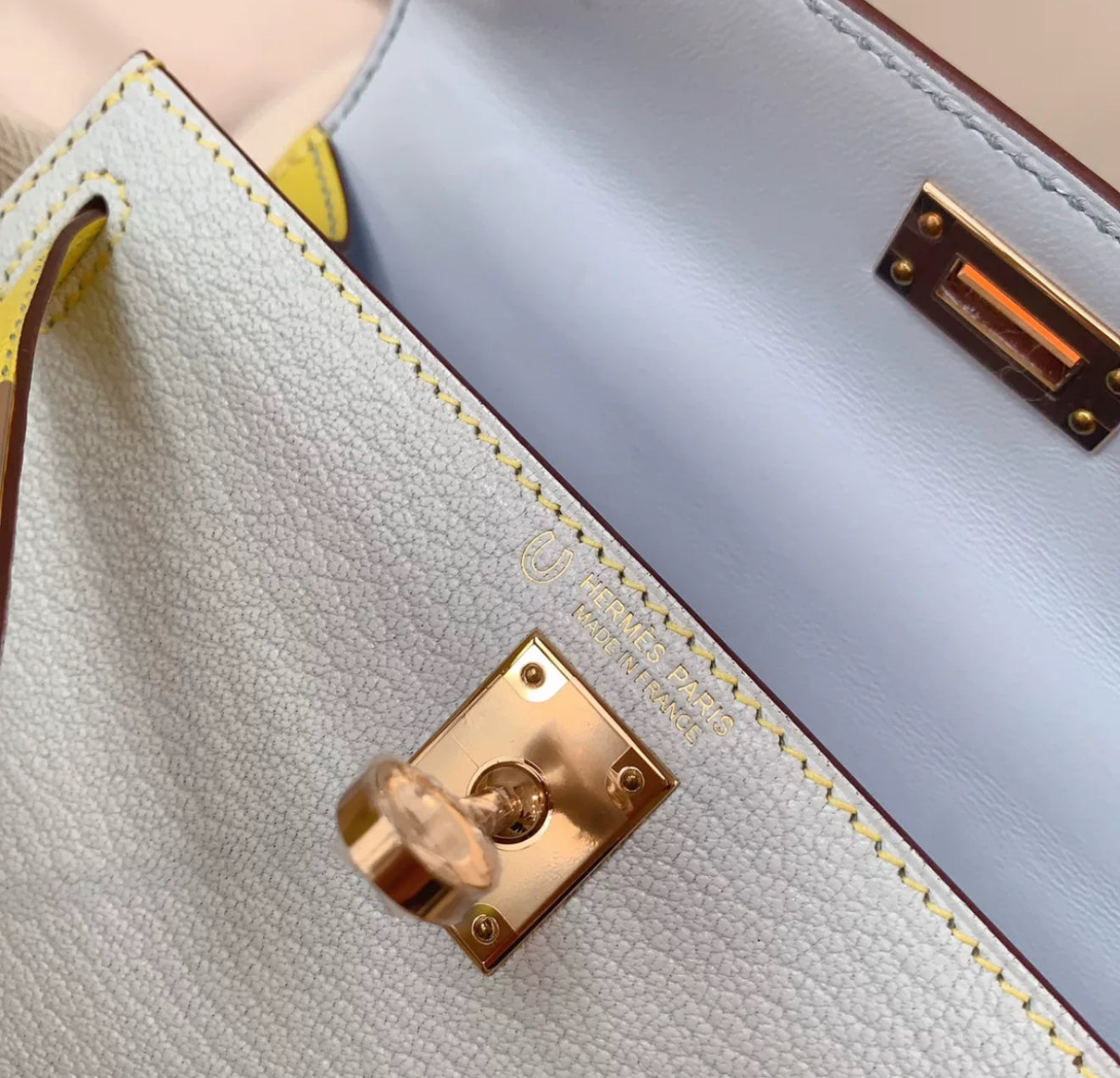 Hermès Mini Kelly Blue Yellow Goatskin Leather Gold Hardware