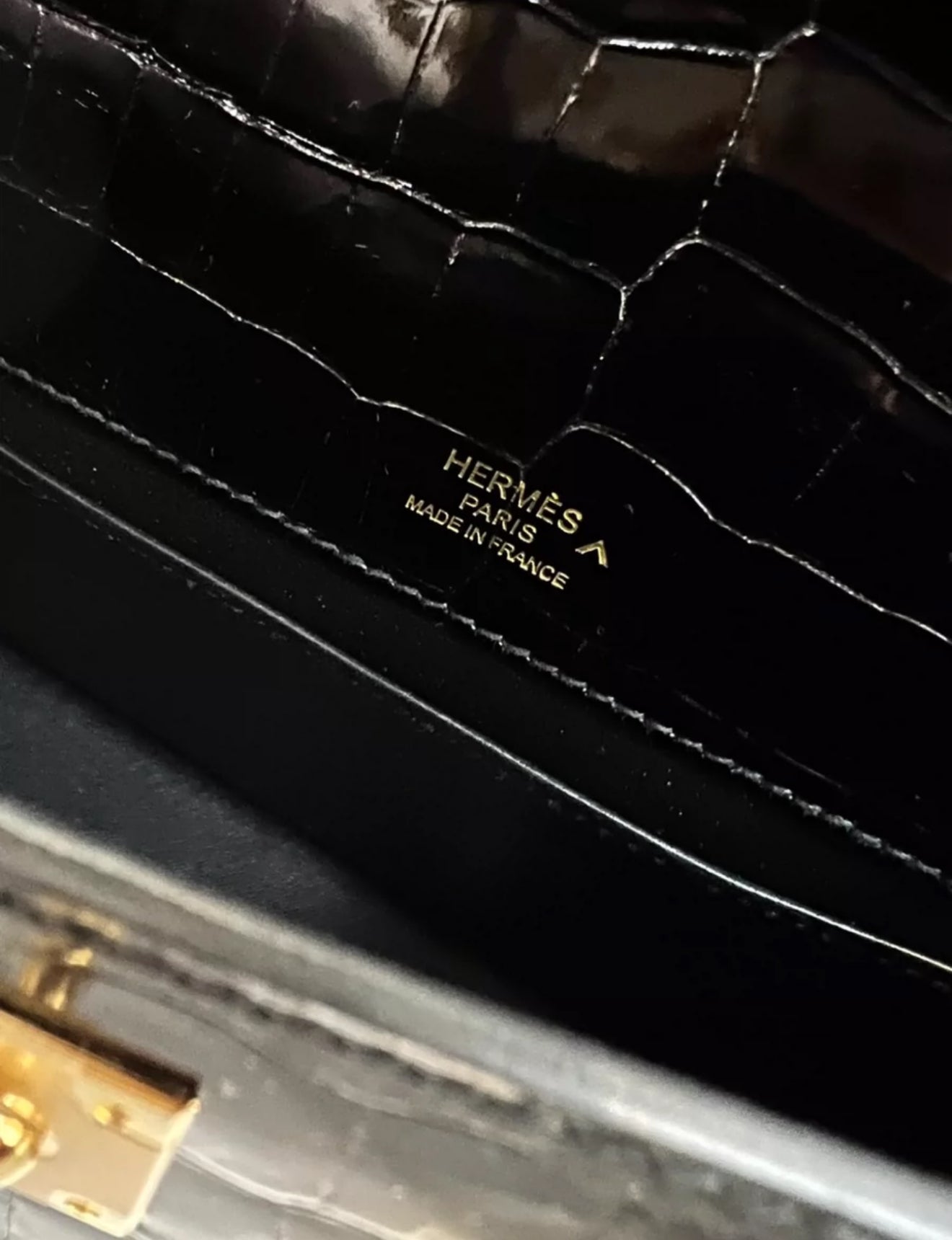 Hermes Kelly Pochette Noir Black Shiny Crocodile Gold Hardware