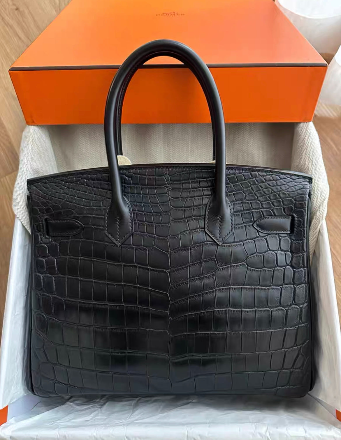 Rare Hermes Birkin 30 Black Matte Crocodile Togo  Box Leather Palladium Handbag