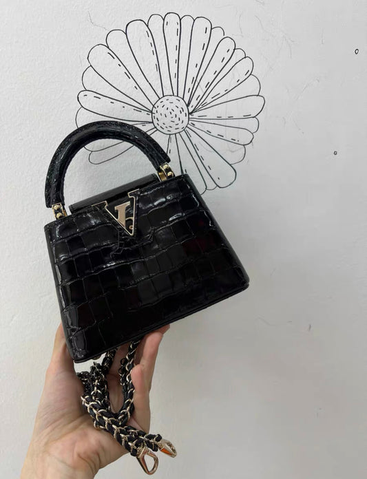LOUIS VUITTON BLACK MINI CAPUCINES BB HANDBAG IN SHINY ALLIGATOR LEATHER WITH GOLD HARDWARE