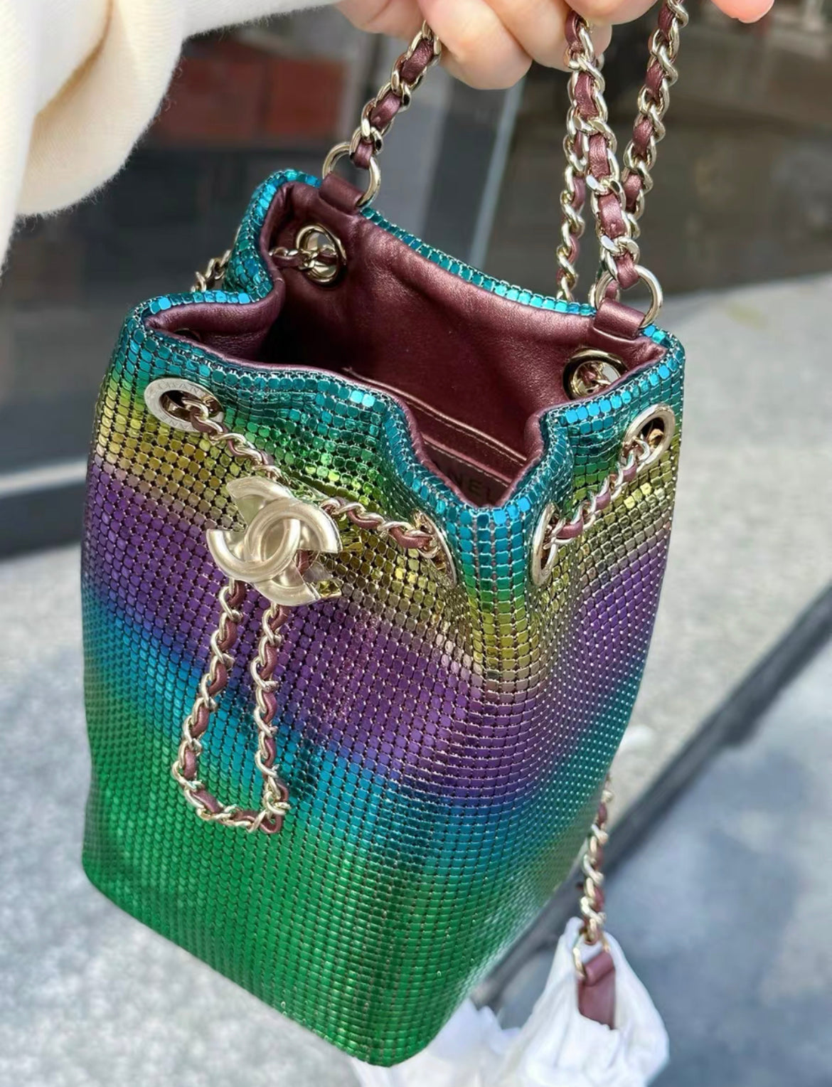 CHANEL MINI BUCKET BAG Faded Metallic Mesh  Gold-Tone Metal Multicolor