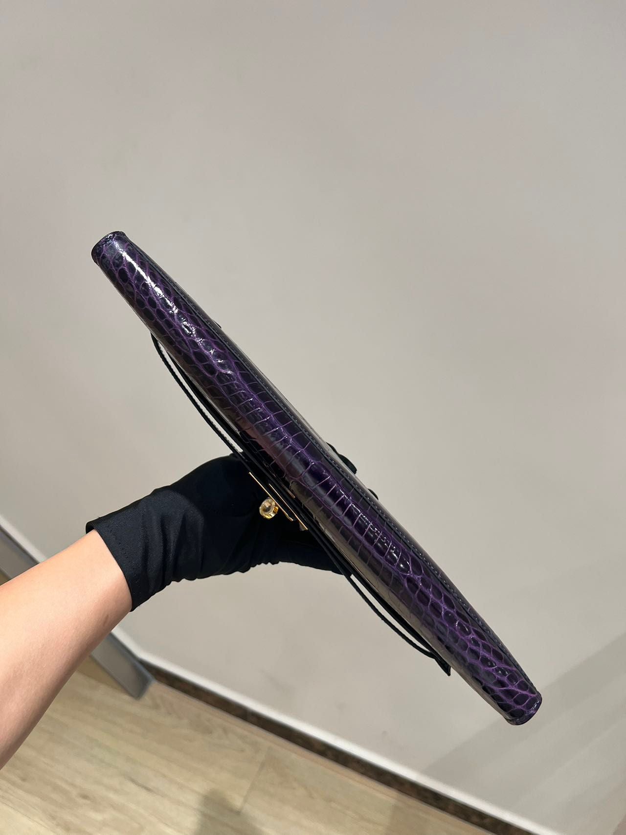 Hermes Kelly cut purple shiny crocodile leather gold hardware