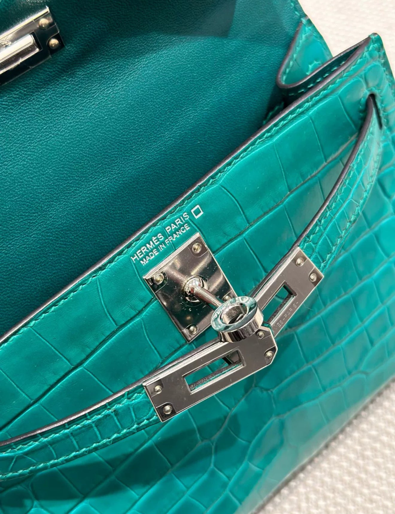 Hermes Mini Kelly Green Malachite Matte Alligator Leather Palladium Hardware