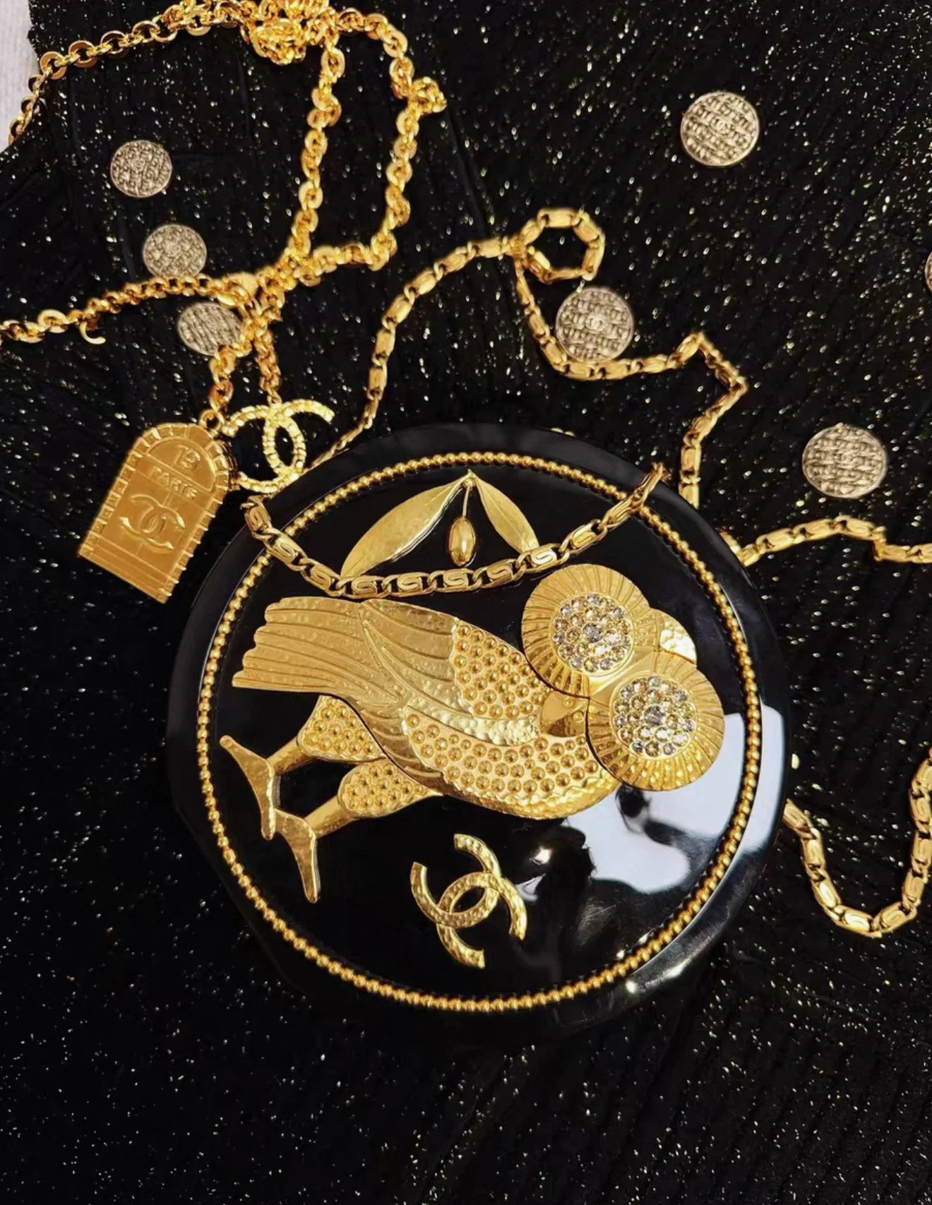 Chanel 18C Black Plexiglass & Gold Owl Gold-Tone Hardware Minaudière