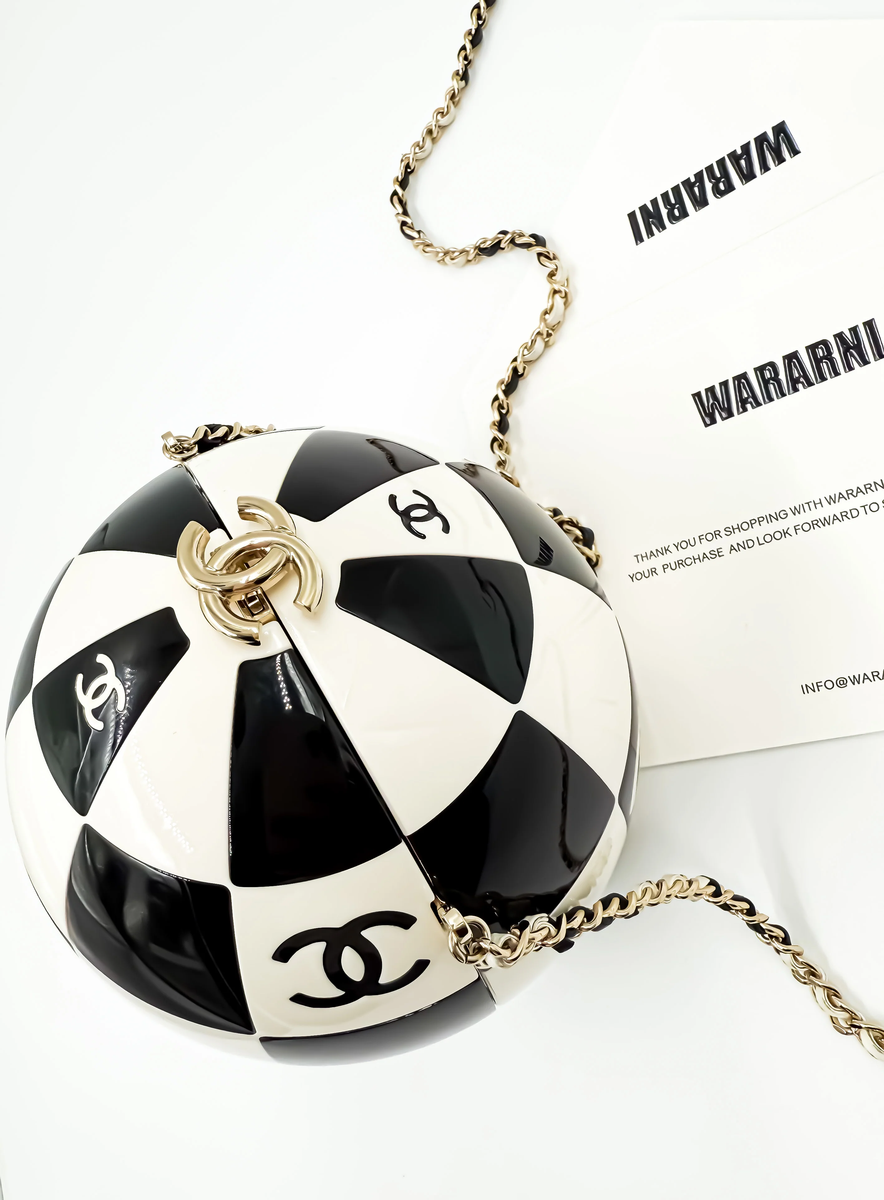 Chanel 23C Black & White Resin & Enamel Checker Sphere Minaudiere with Light Gold Hardware
