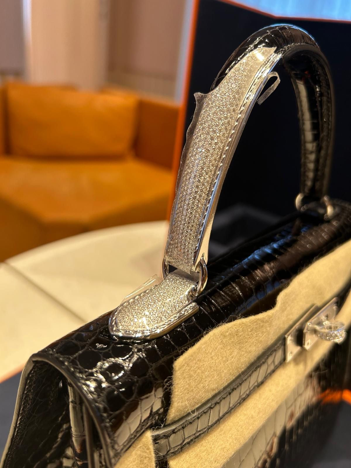 HERMES KELLY 25 MIDAS SHINY BLACK POROSUS CROCODILE SELLIER WITH 18K WHITE GOLD HARDWARE DIAMOND HANDLE