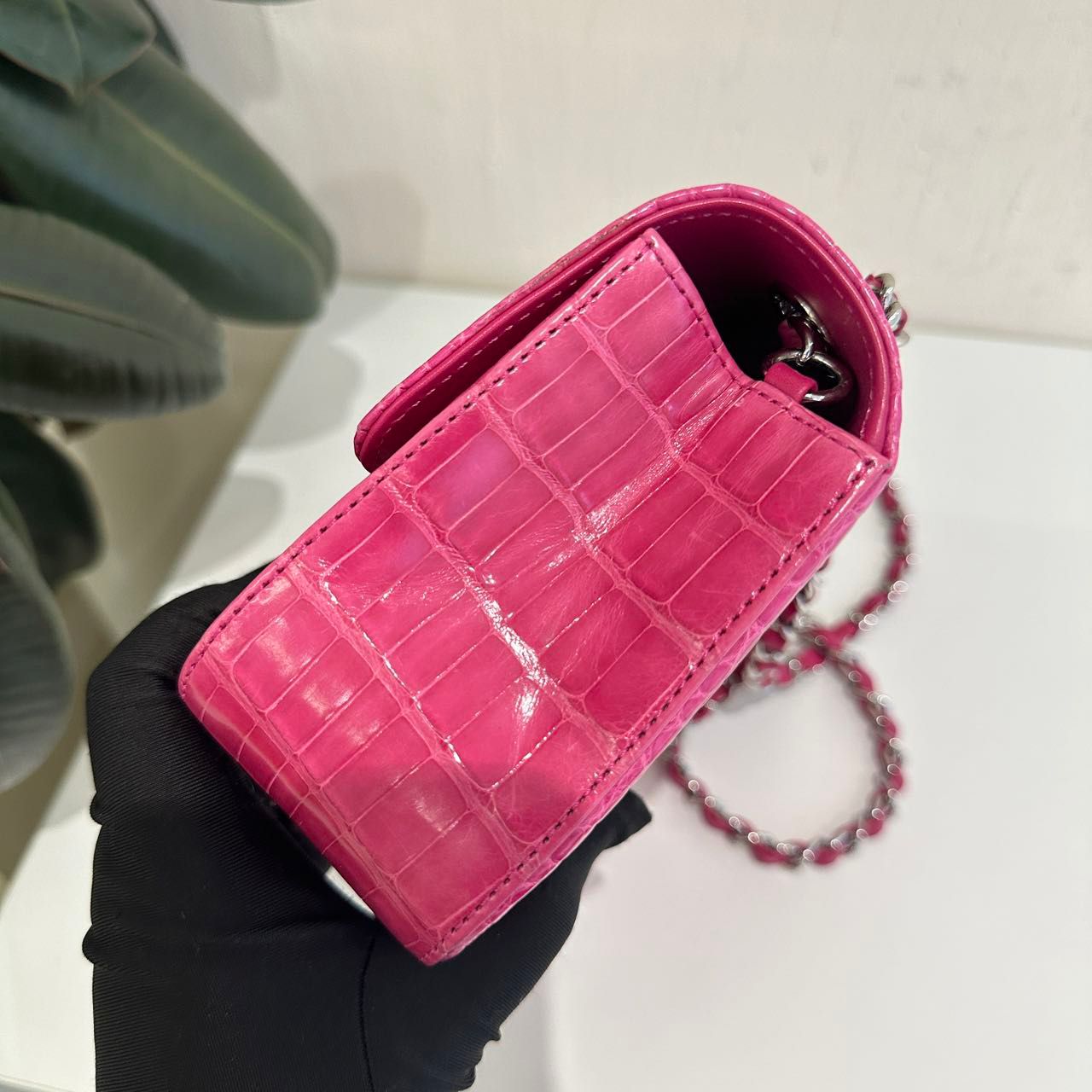 Chanel pink Alligator leather mini flap silver hardware