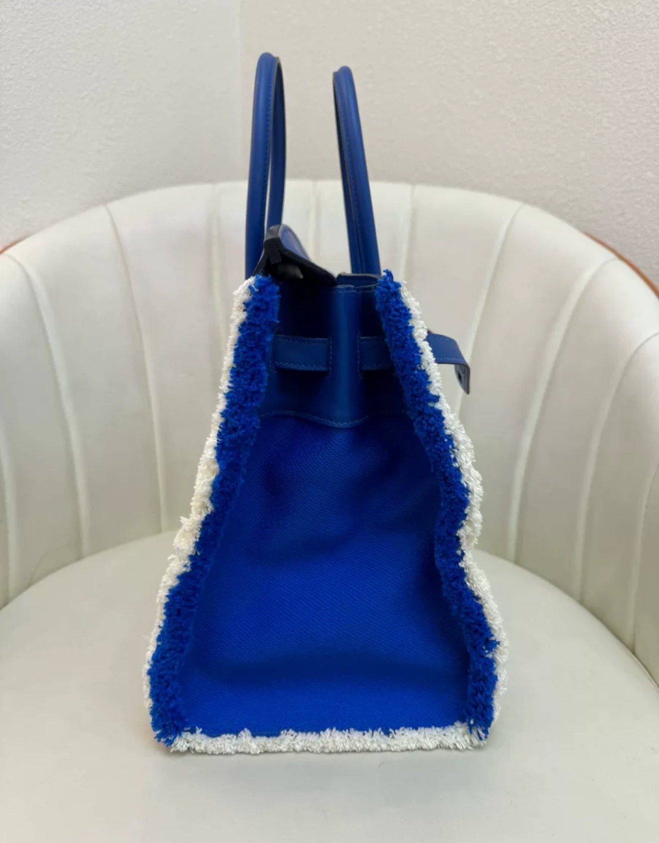 Hermès Birkin Fray Fray 35 Ecru Toile Bleu Saphir Swift Palladium Hardware