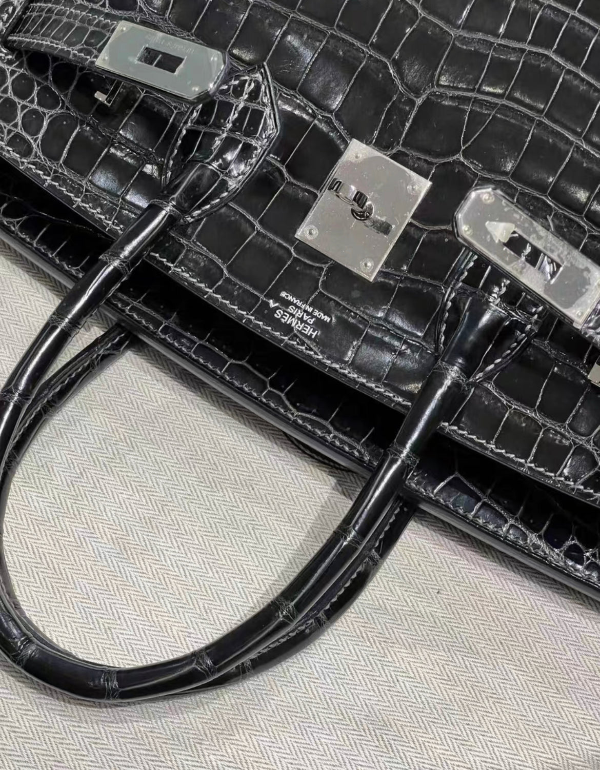 Hermès Birkin 30 Black Matte Crocodile with white stitching and Palladium Hardware