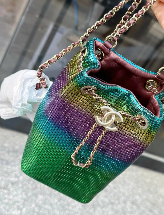 CHANEL MINI BUCKET BAG Faded Metallic Mesh  Gold-Tone Metal Multicolor